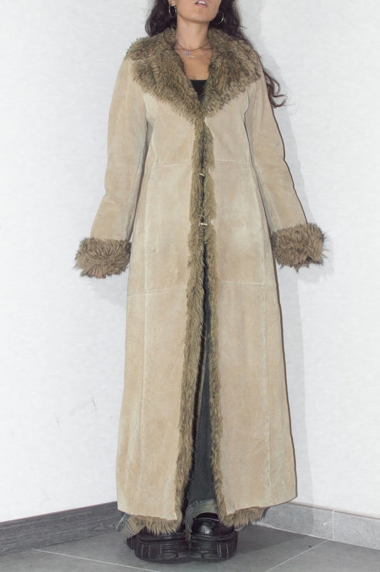 Vintage Y2k Pig Leather Winter Faux Fur Lined Maxi Afghan Coat - Size L