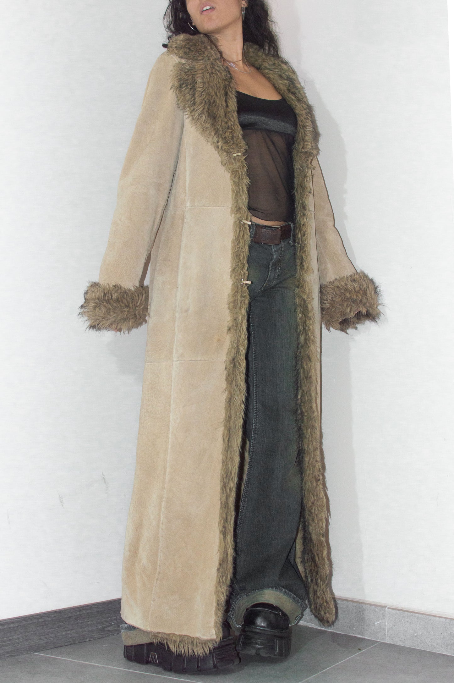 Vintage Y2k Pig Leather Winter Faux Fur Lined Maxi Afghan Coat - Size L