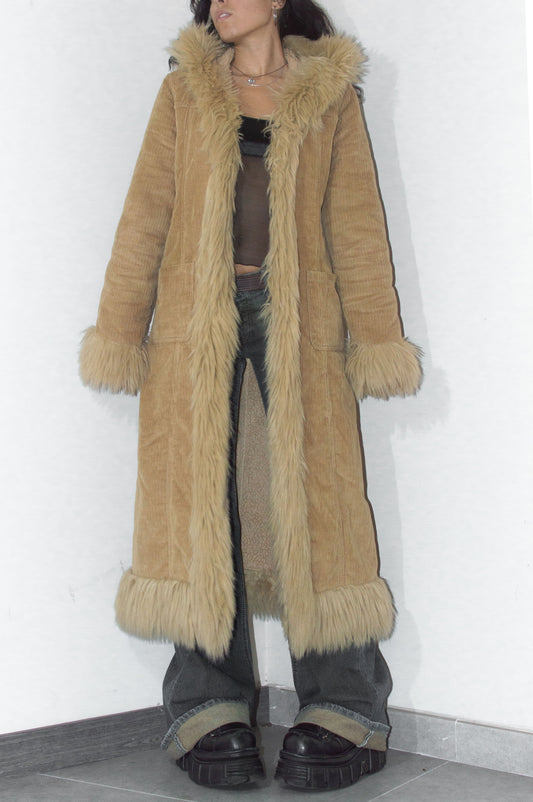 Vintage 2000s Boho Beige corduroy Long Shaggy Faux Fur Trimmed Hooded Afghan Coat - Size M