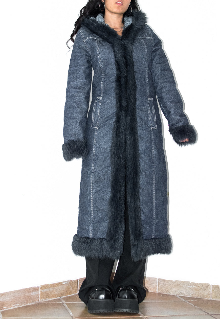 Vintage Y2k Denim Hooded Maxi Afghan Coat