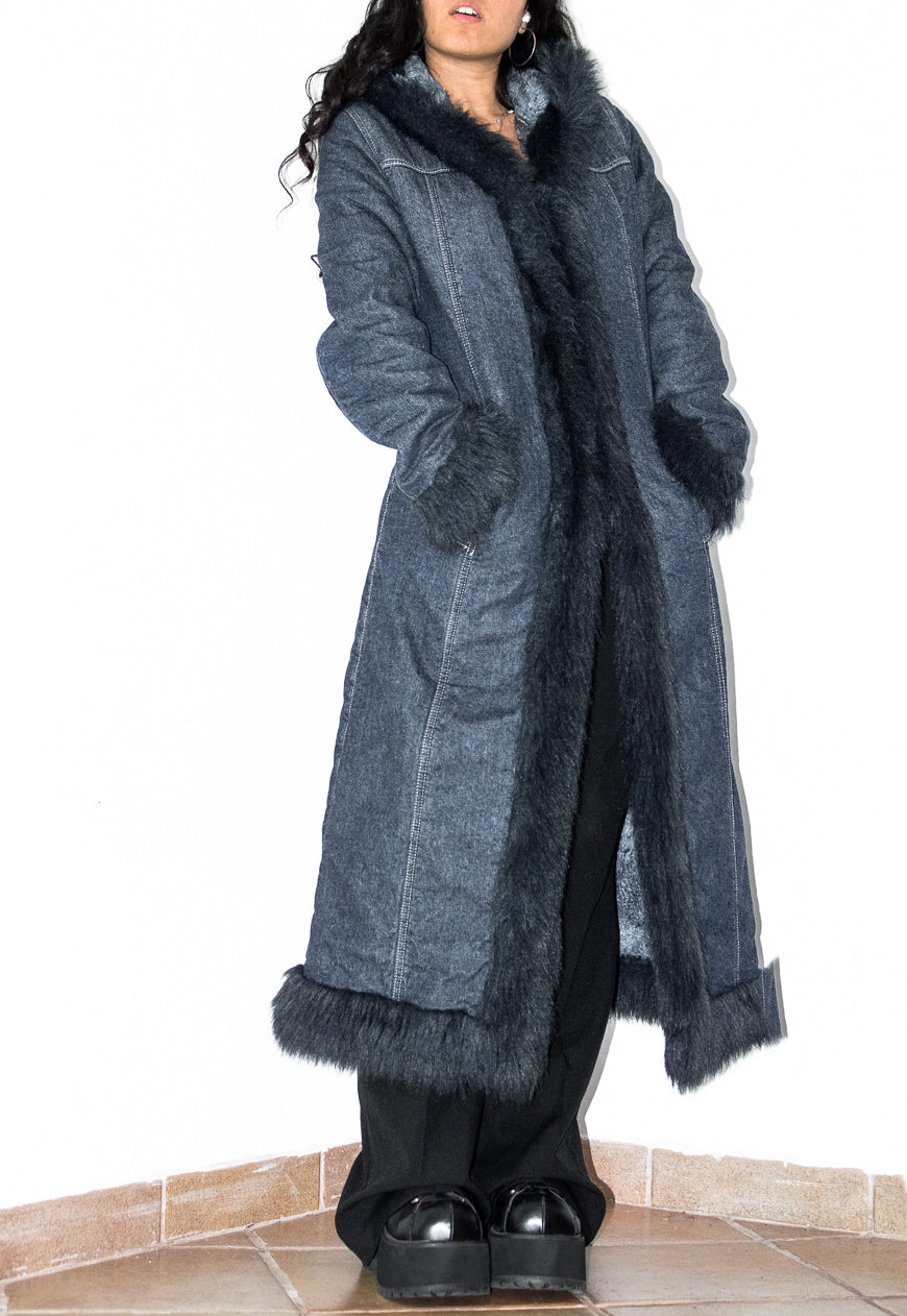 Vintage Y2k Denim Hooded Maxi Afghan Coat