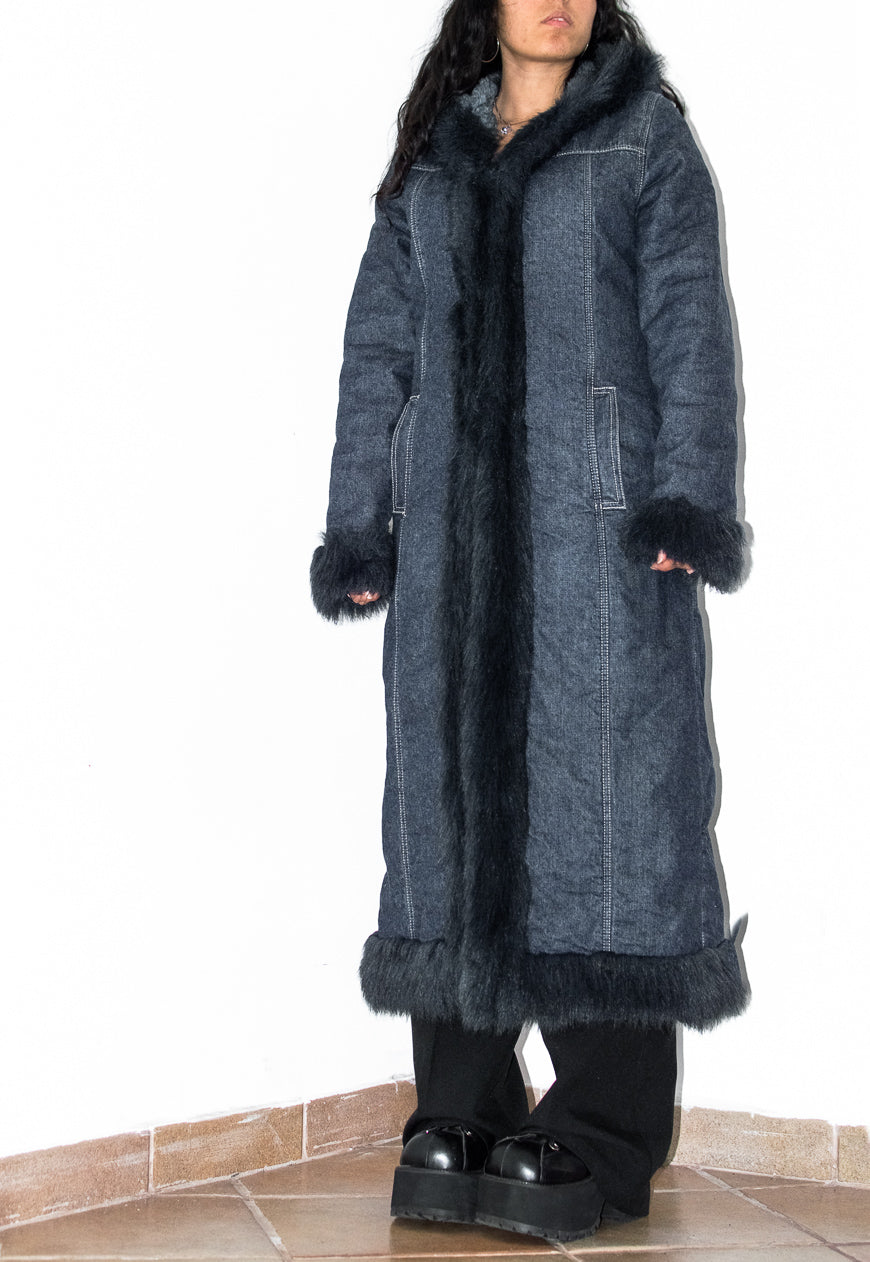 Vintage Y2k Denim Hooded Maxi Afghan Coat