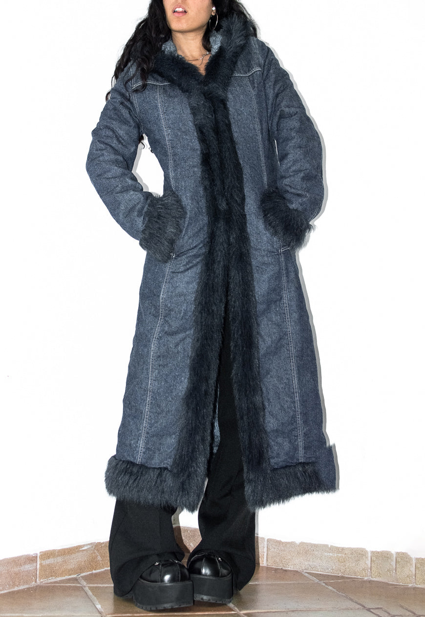 Vintage Y2k Denim Hooded Maxi Afghan Coat