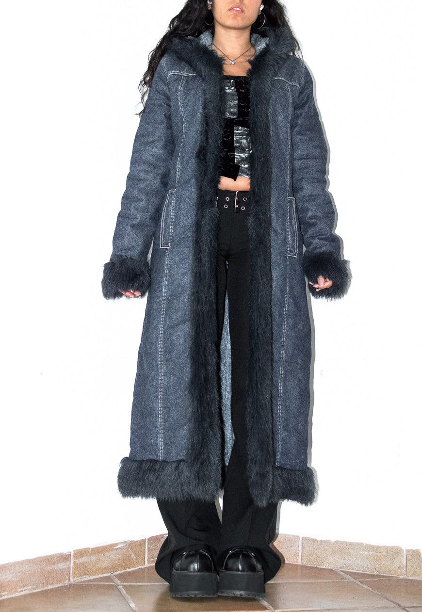 Vintage Y2k Denim Hooded Maxi Afghan Coat