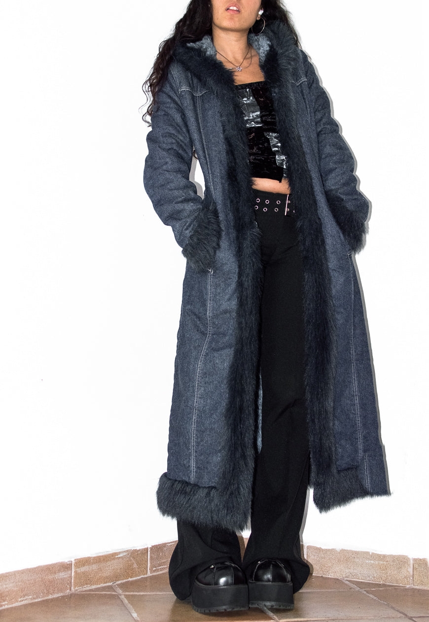 Vintage Y2k Denim Hooded Maxi Afghan Coat