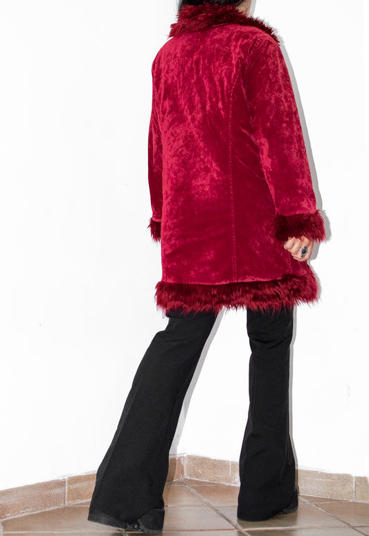 Vintage Y2k Vampy Goth Short Red Faux Fur Trim Afghan Coat