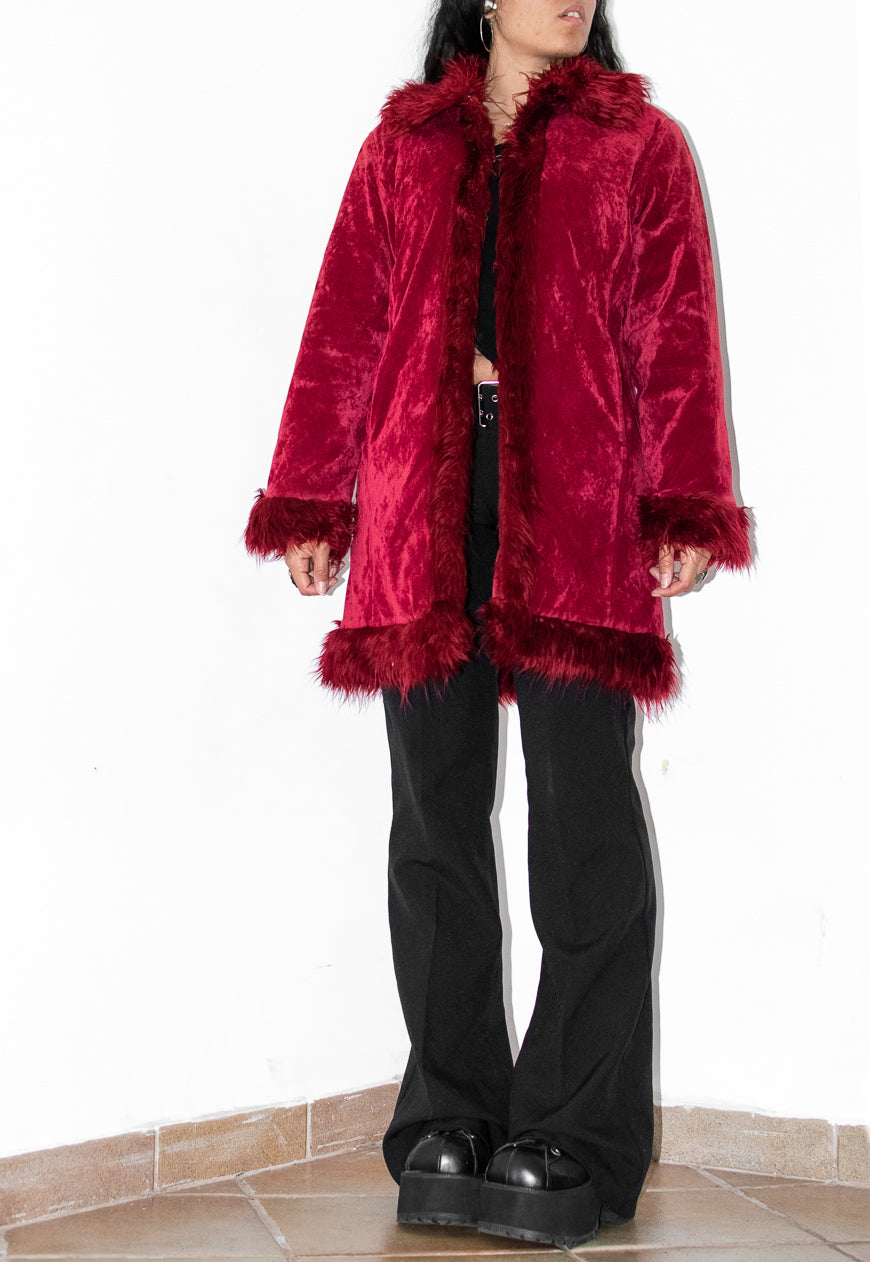 Vintage Y2k Vampy Goth Short Red Faux Fur Trim Afghan Coat