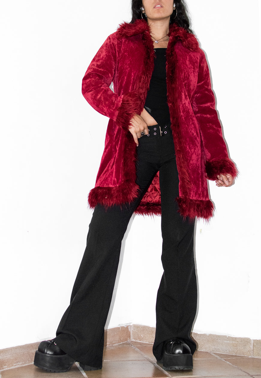 Vintage Y2k Vampy Goth Short Red Faux Fur Trim Afghan Coat