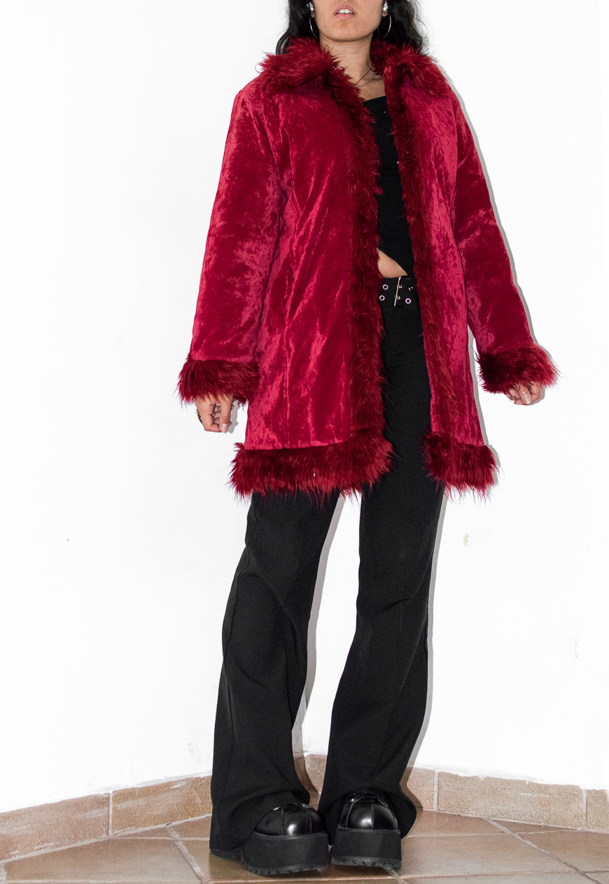 Vintage Y2k Vampy Goth Short Red Faux Fur Trim Afghan Coat