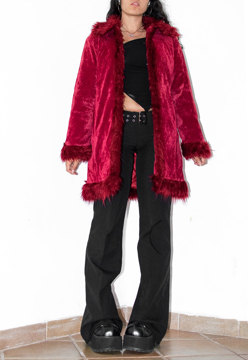 Vintage Y2k Vampy Goth Short Red Faux Fur Trim Afghan Coat