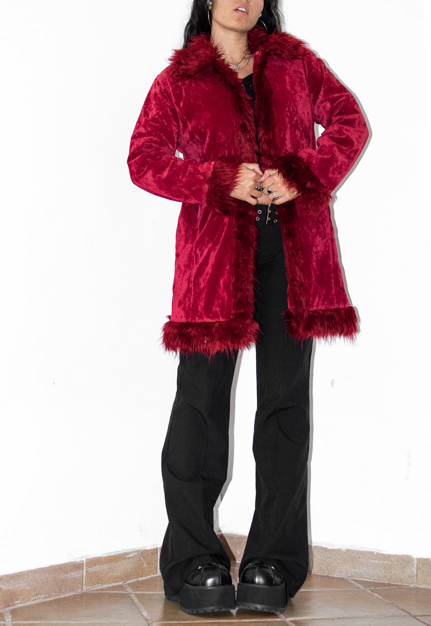 Vintage Y2k Vampy Goth Short Red Faux Fur Trim Afghan Coat