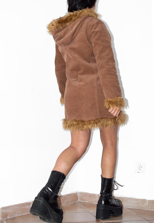 Corduroy Short Brown Faux Fur Trim Hooded Afghan Coat