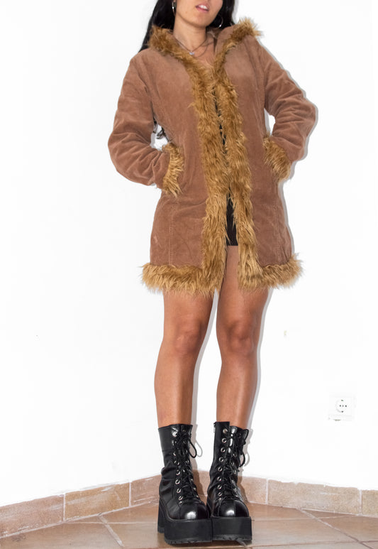 Corduroy Short Brown Faux Fur Trim Hooded Afghan Coat