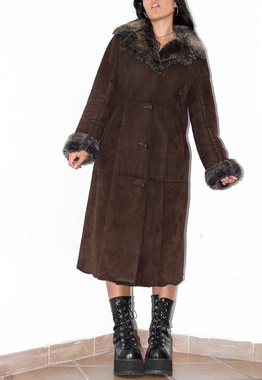 Vintage Embroidery Long Mocha Faux Fur Trim Coat