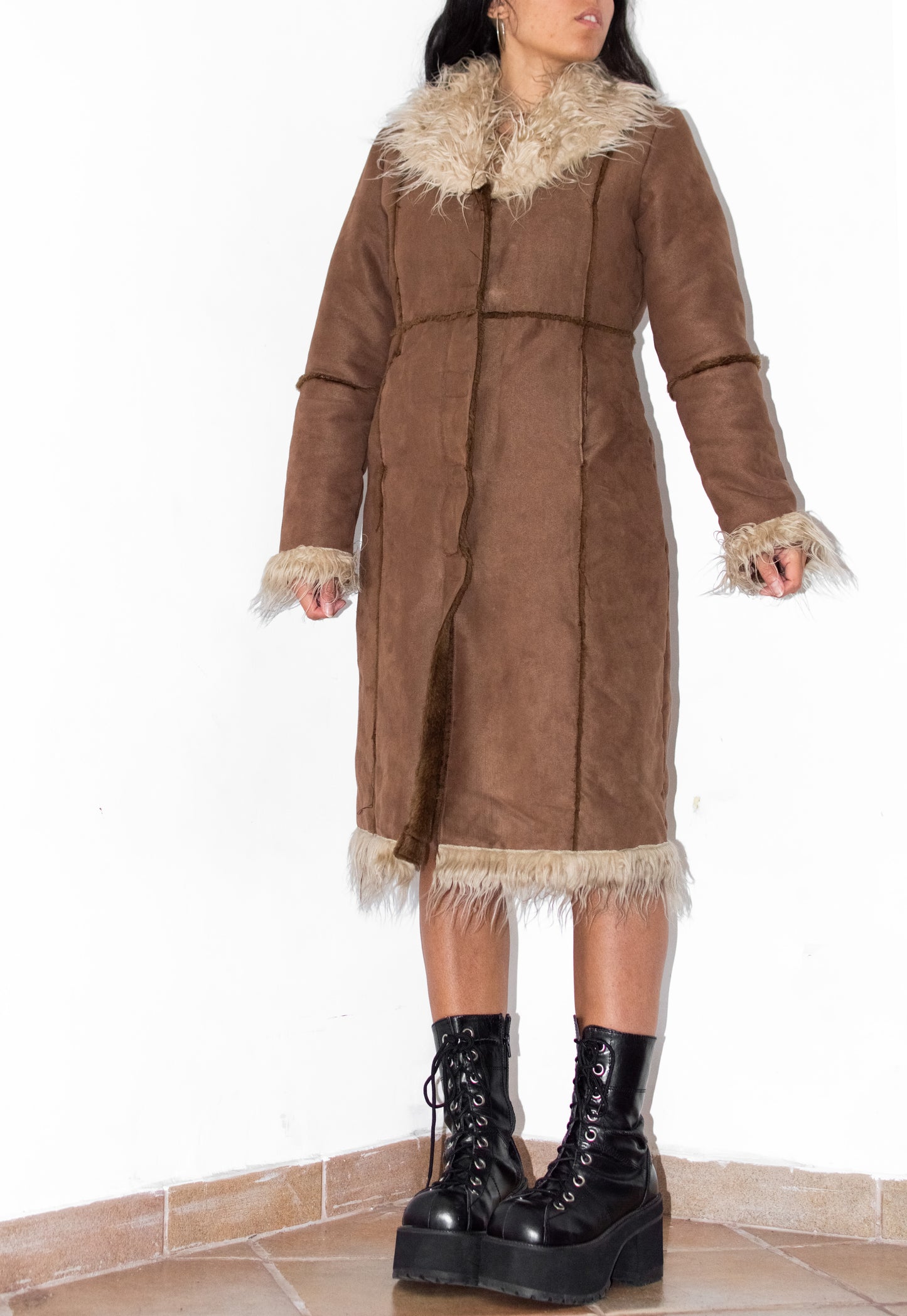 Y2k Vintage Fluffy Brown Faux Fur Trim Coat