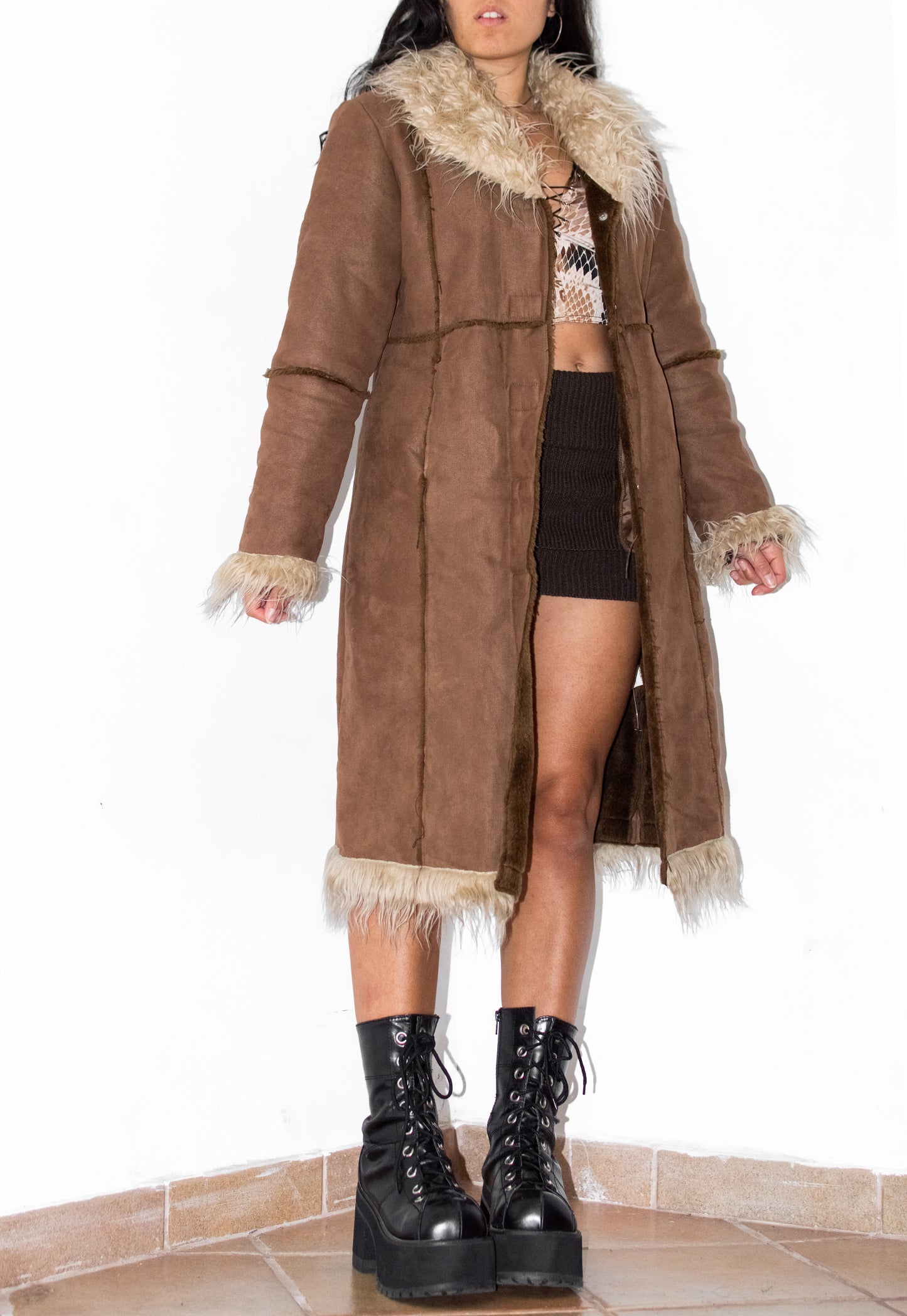 Y2k Vintage Fluffy Brown Faux Fur Trim Coat