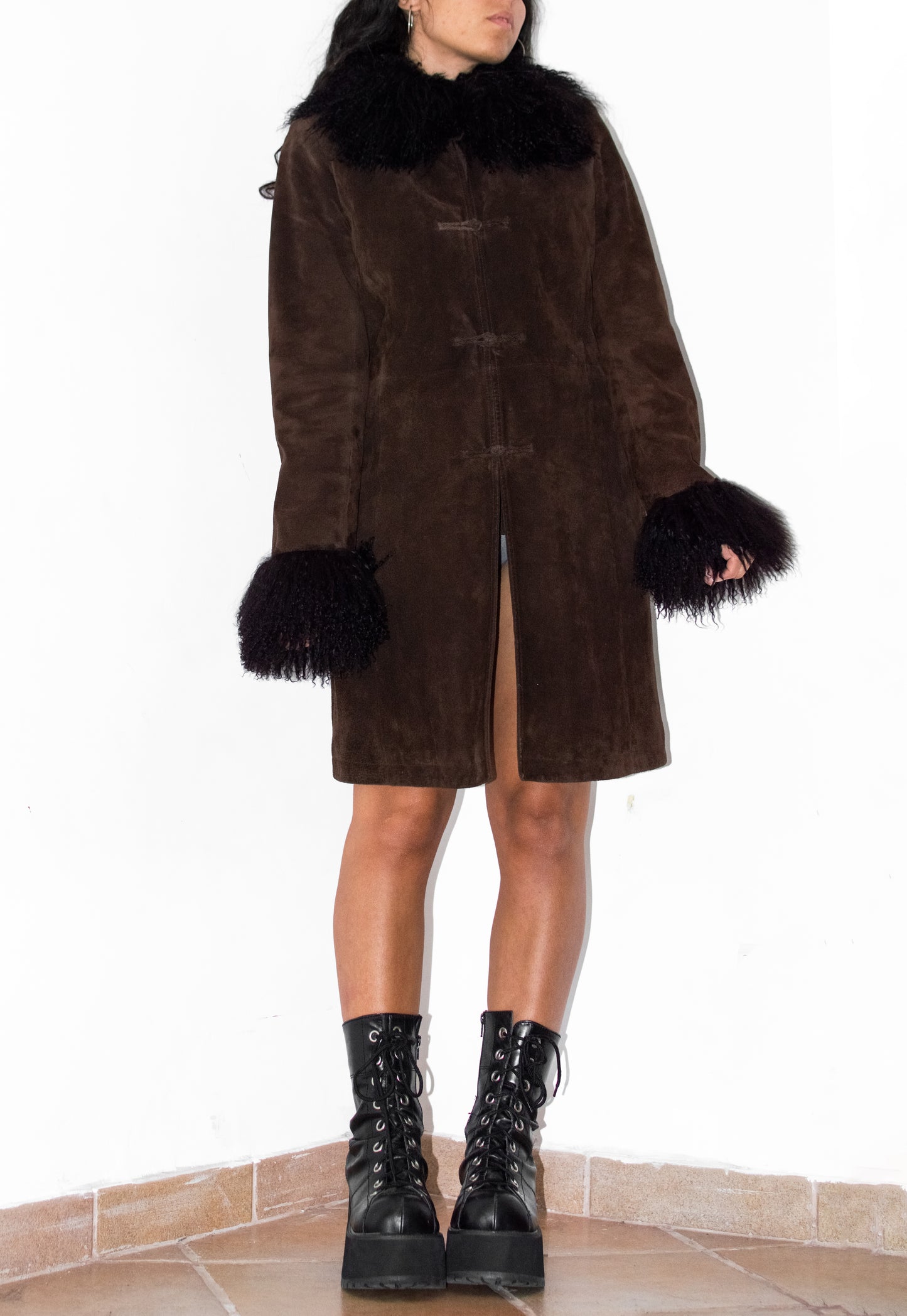 Vintage 90s Pig Leather and Sheep Fur Mocha Coat