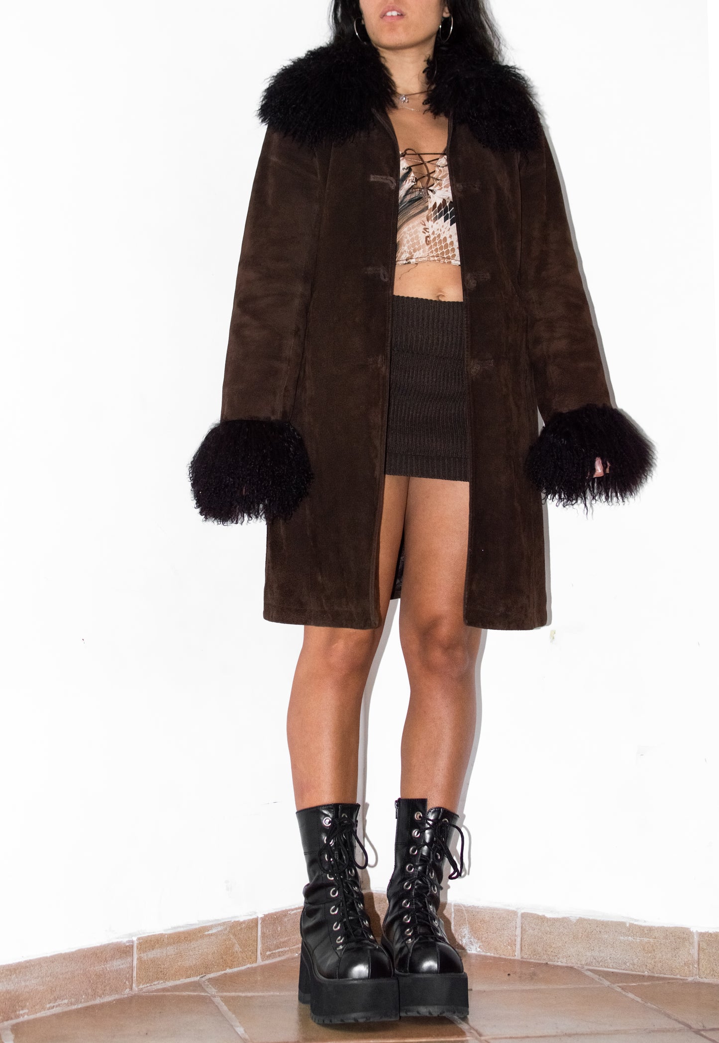 Vintage 90s Pig Leather and Sheep Fur Mocha Coat