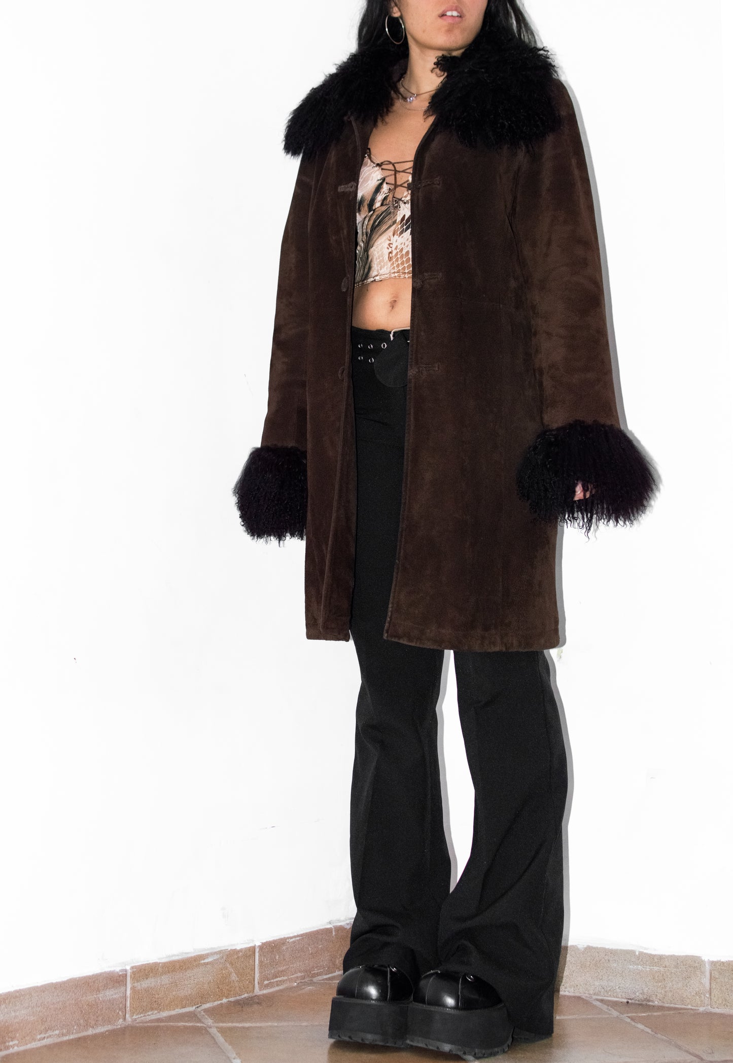 Vintage 90s Pig Leather and Sheep Fur Mocha Coat