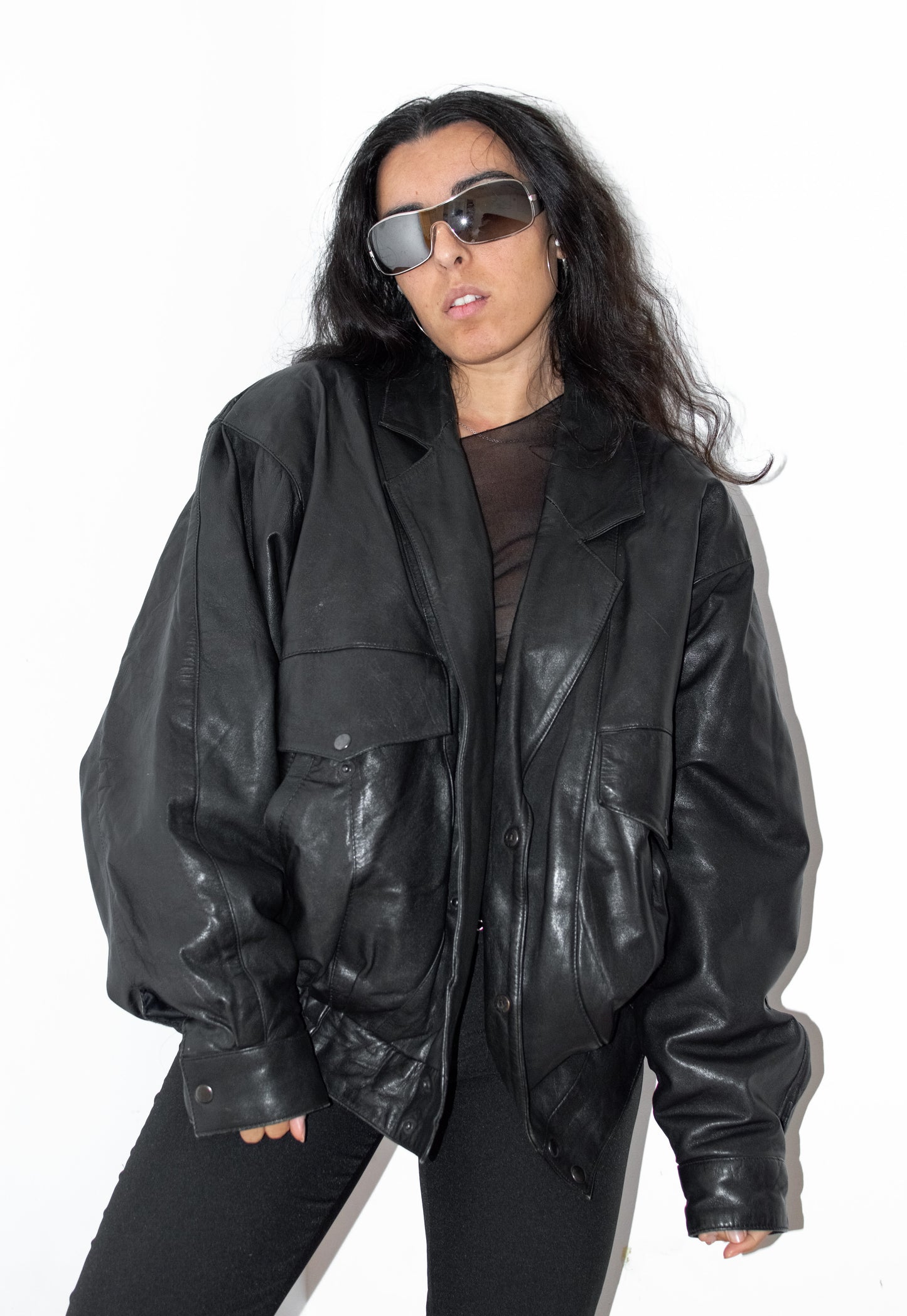 90s Oversize Genuine Leather Bomber Jacket