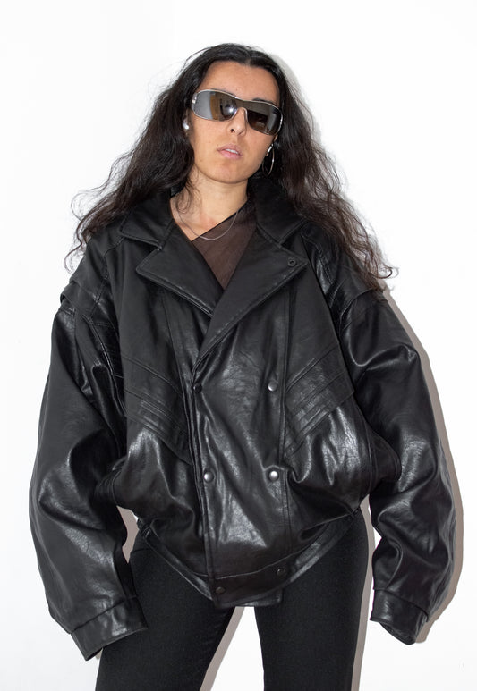 Vintage Oversize Faux Leather Blouson Bomber Black Jacket