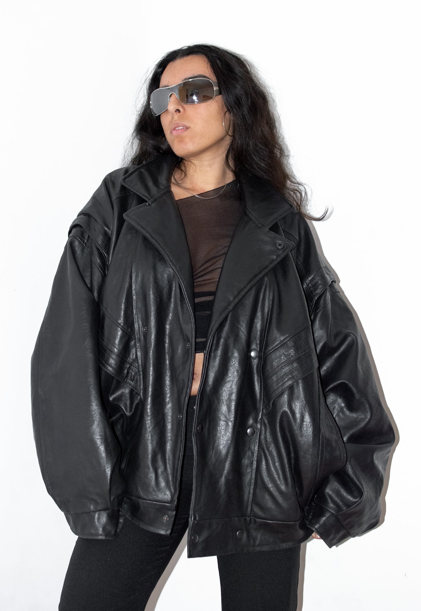 Vintage Oversize Faux Leather Blouson Bomber Black Jacket