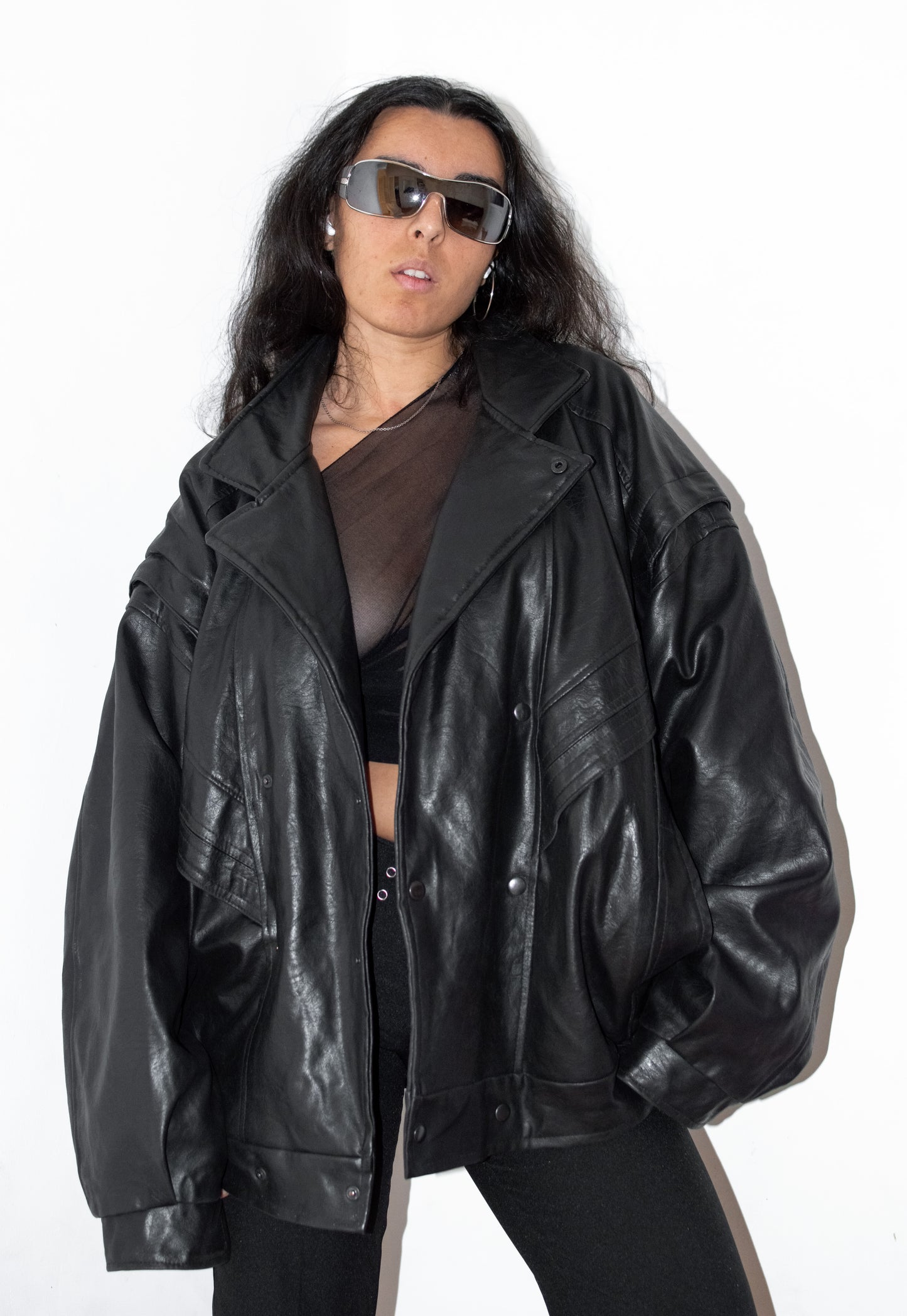 Vintage Oversize Faux Leather Blouson Bomber Black Jacket