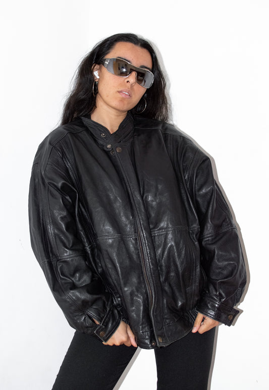 90s Vintage Black Real Leather Biker Jacket