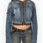 Y2k Vintage Hooded Zip through Crop Denim Jacket with Long Sleeves   - Size L