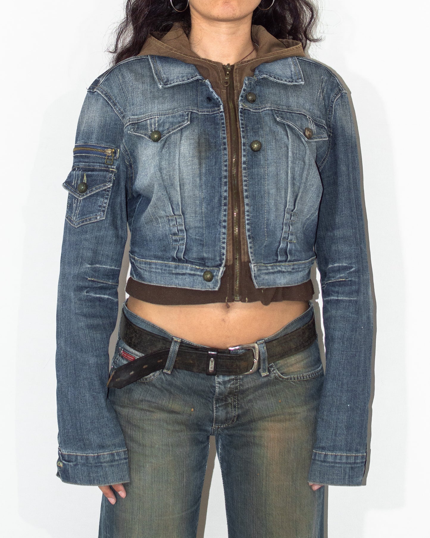 Y2k Vintage Hooded Zip through Crop Denim Jacket with Long Sleeves   - Size L