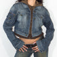 Y2k Vintage Hooded Zip through Crop Denim Jacket with Long Sleeves   - Size L