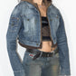 Y2k Vintage Hooded Zip through Crop Denim Jacket with Long Sleeves   - Size L