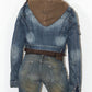 Y2k Vintage Hooded Zip through Crop Denim Jacket with Long Sleeves   - Size L