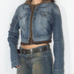 Y2k Vintage Hooded Zip through Crop Denim Jacket with Long Sleeves   - Size L