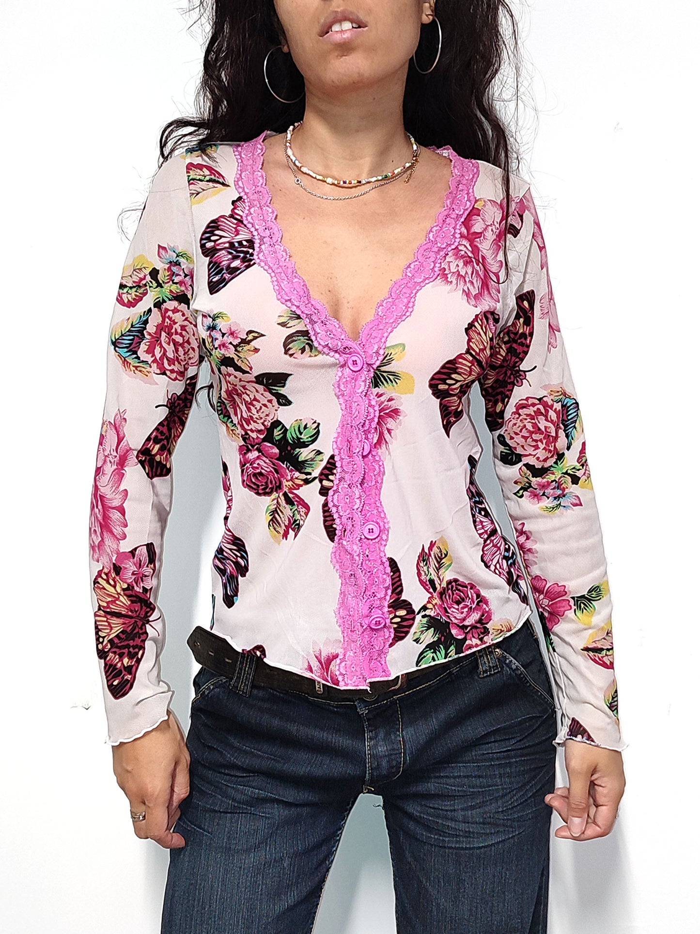Vintage Y2k Romantic Long Sleeves Butterfly Print Mesh Cardigan - Size L