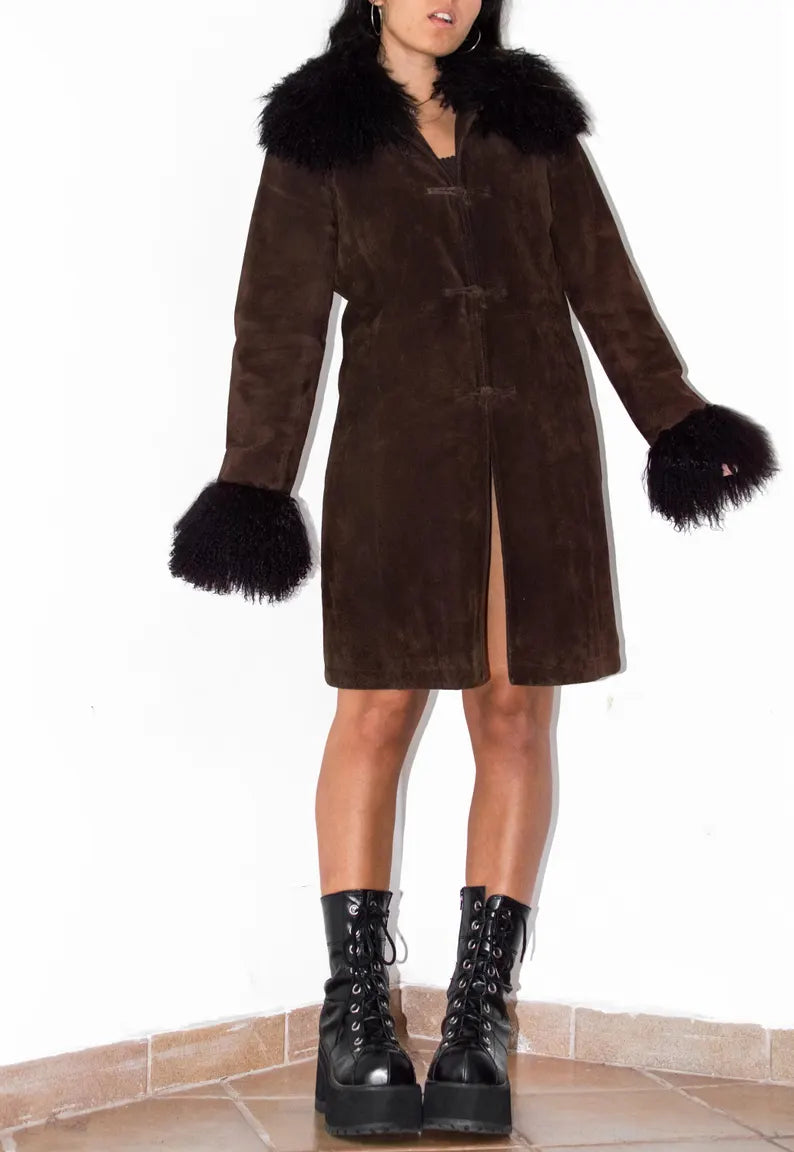 Vintage 90s Pig Leather and Sheep Fur Trim Brown Coat - Size M