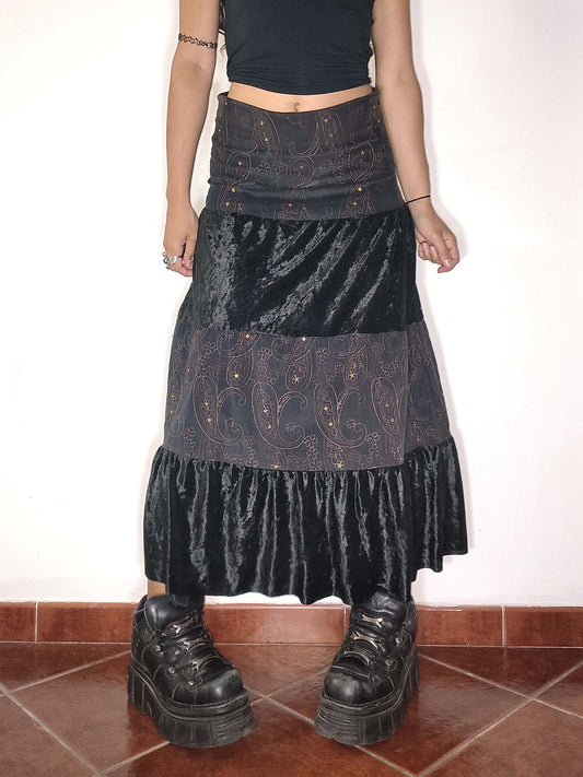 Vintage Y2k Black Velvet Corduroy Broomstick Skirt - Size S