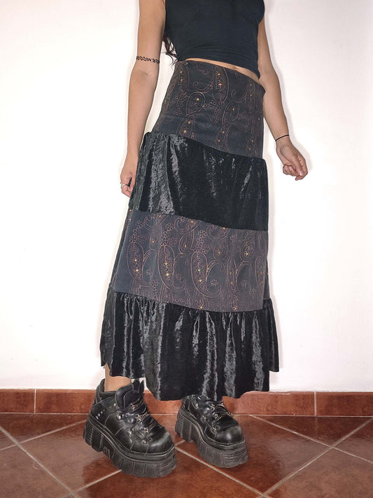Vintage Y2k Black Velvet Corduroy Broomstick Skirt - Size S