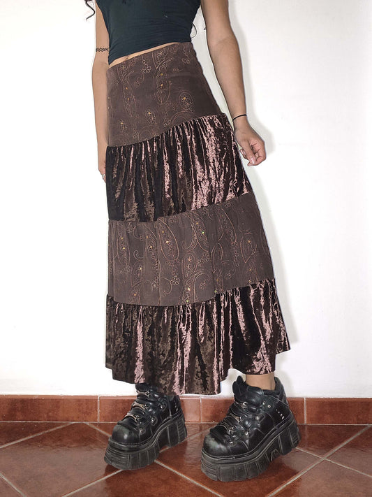 Vintage Y2k Embroidered Brown Tiered Broom Skirt - Size S