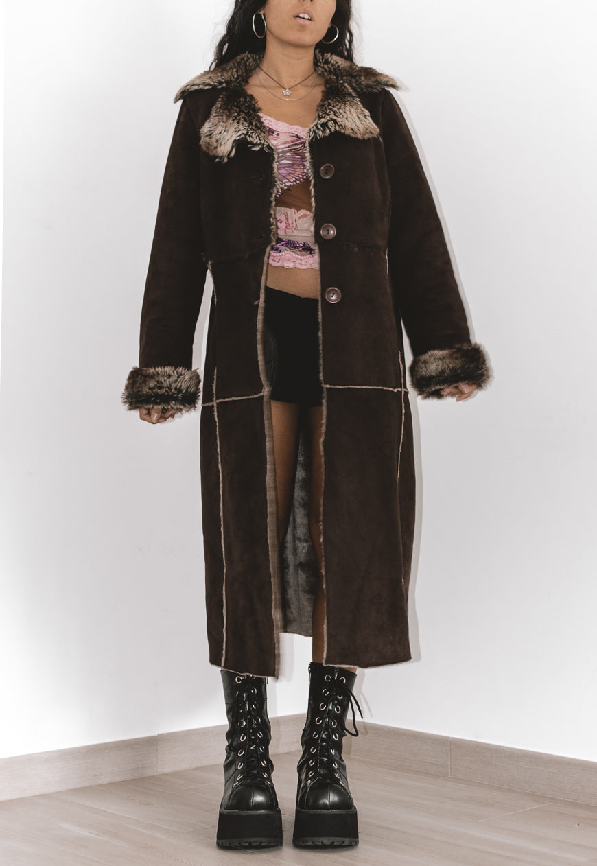 Y2K  Long Brown Faux Fur Afghan Coat