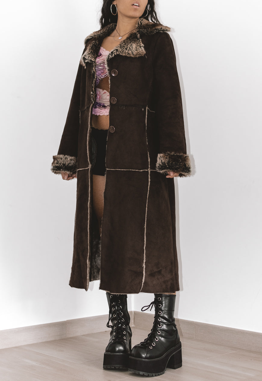 Y2K  Long Brown Faux Fur Afghan Coat