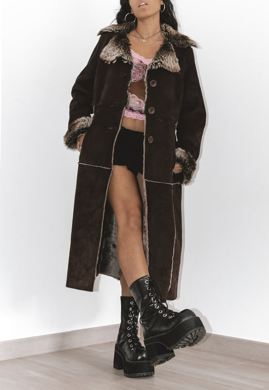 Y2K  Long Brown Faux Fur Afghan Coat