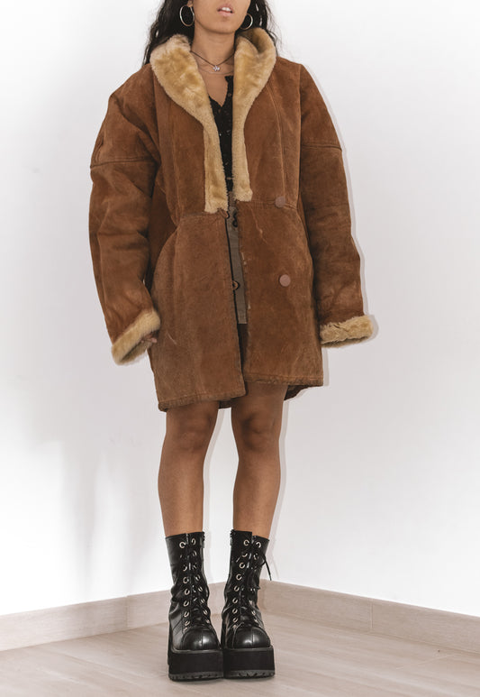 Vintage 90s Oversize Faux Fur Leather Coat