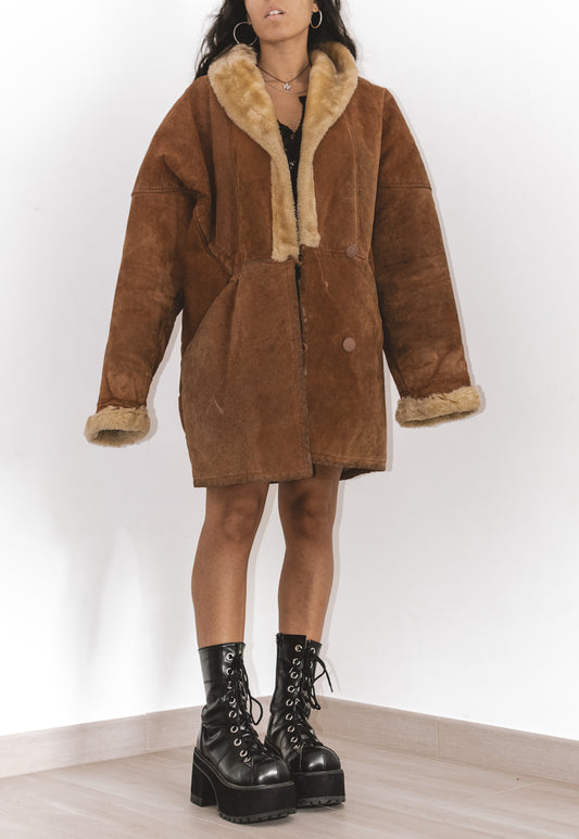 Vintage 90s Oversize Faux Fur Leather Coat