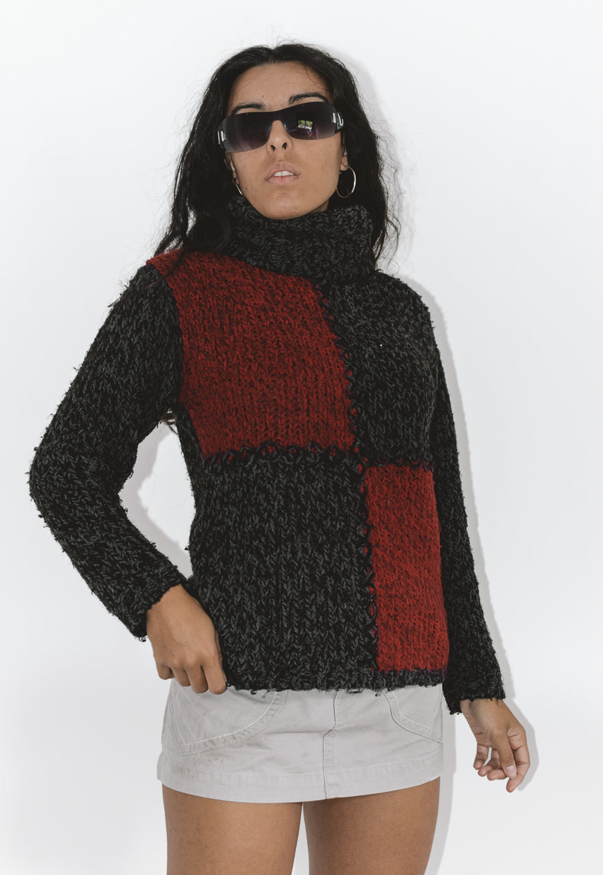 Vintage Y2k Patchwork Chunky Turtleneck Wool Sweater