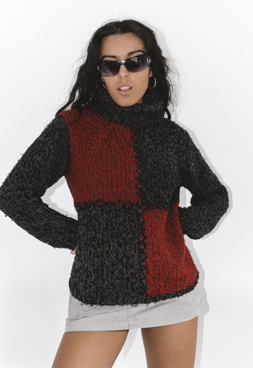 Vintage Y2k Patchwork Chunky Turtleneck Wool Sweater