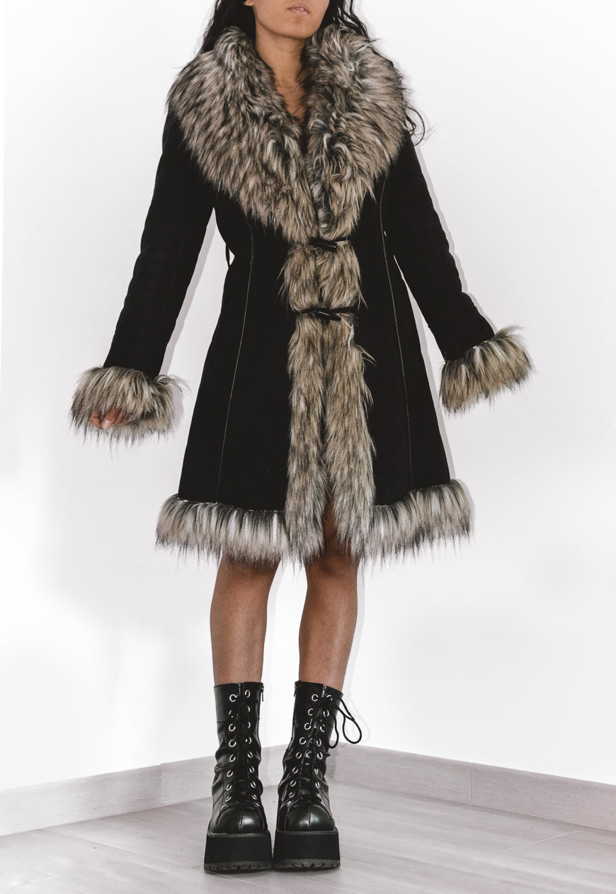 Y2k Fluffy Black Faux Fur Afghan Coat