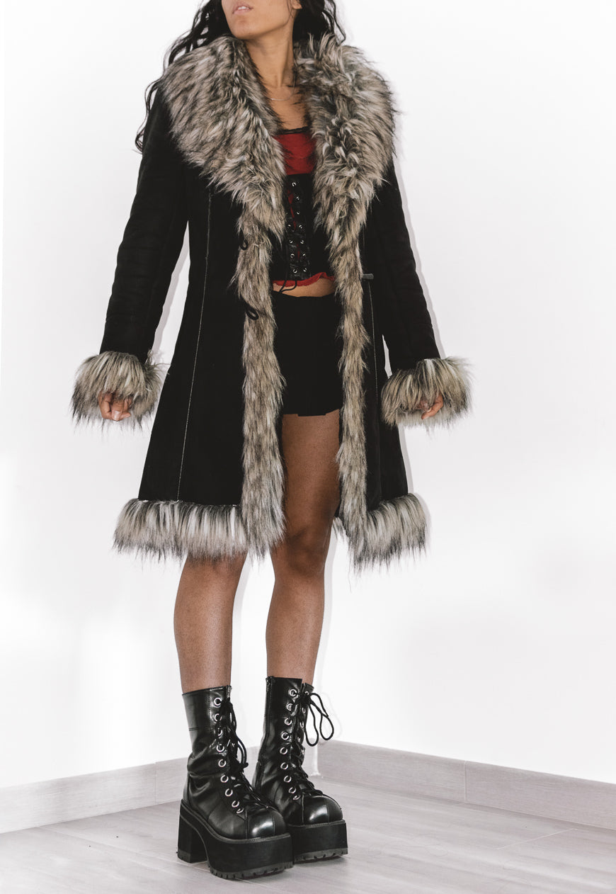 Y2k Fluffy Black Faux Fur Afghan Coat