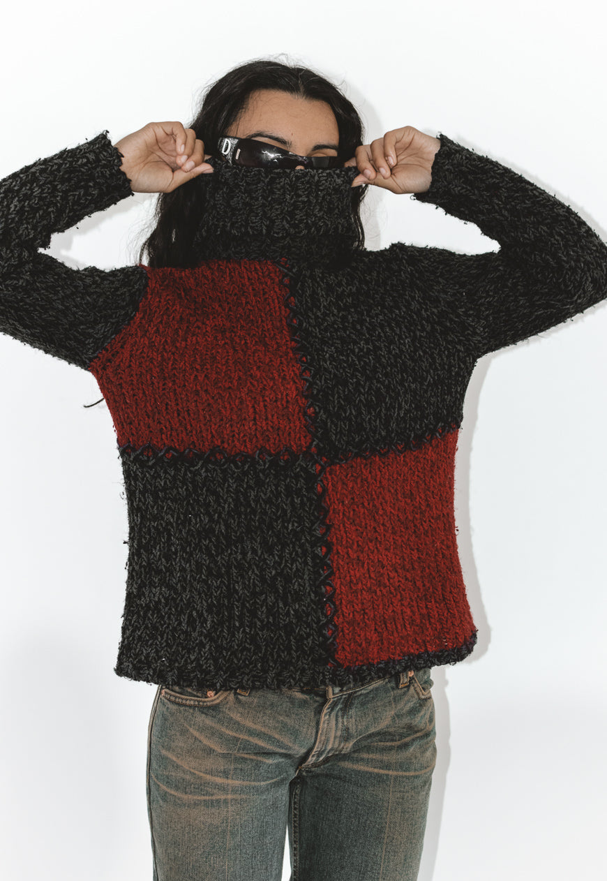 Vintage Y2k Patchwork Chunky Turtleneck Wool Sweater