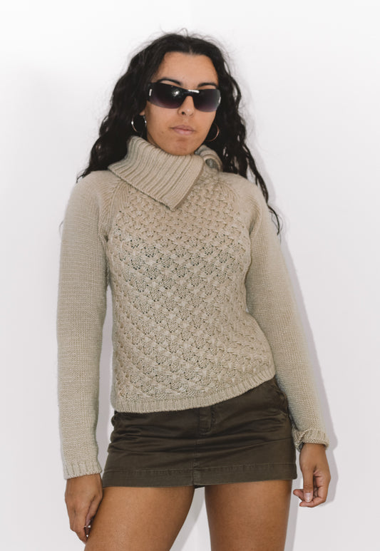 Vintage 90s Beige Turtleneck Wool Chunky Jumper